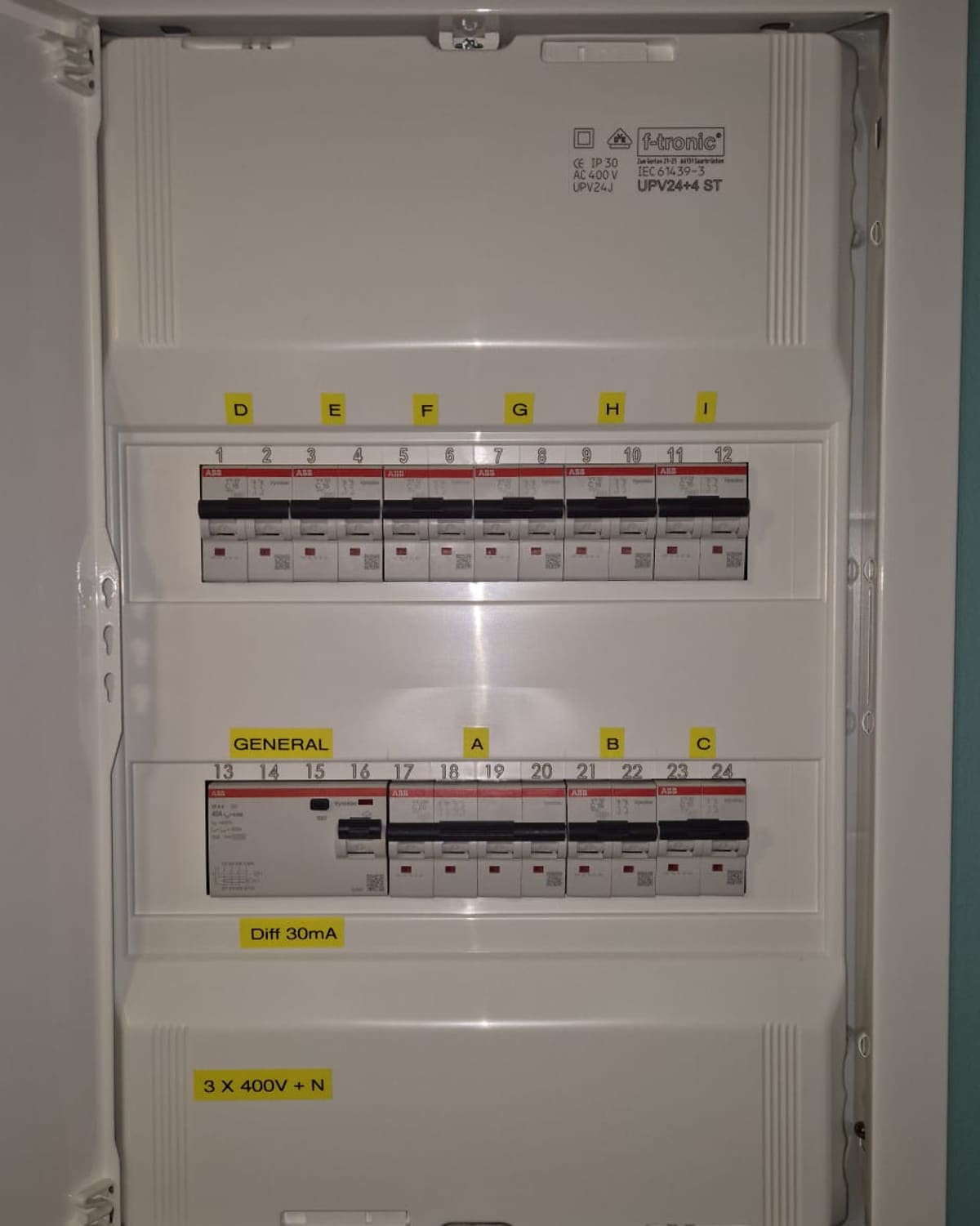 Na: één kast met 24 modules, elke kring gelabeld, differentieel van 30 mA.